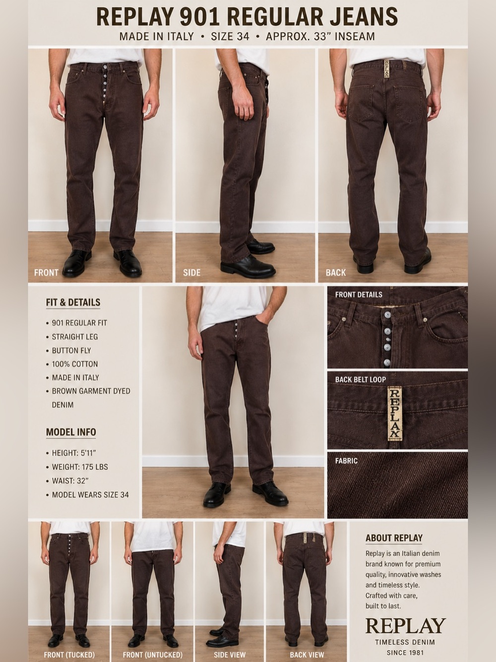 Replay 901 Regular Brown Button Fly Jeans Men's Size 34 VTG Straight Leg Denim - Picture 1 of 10